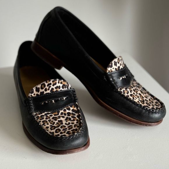 Vintage Black Leather Leopard Weejuns Penny Loafers  8 - Picture 1 of 9
